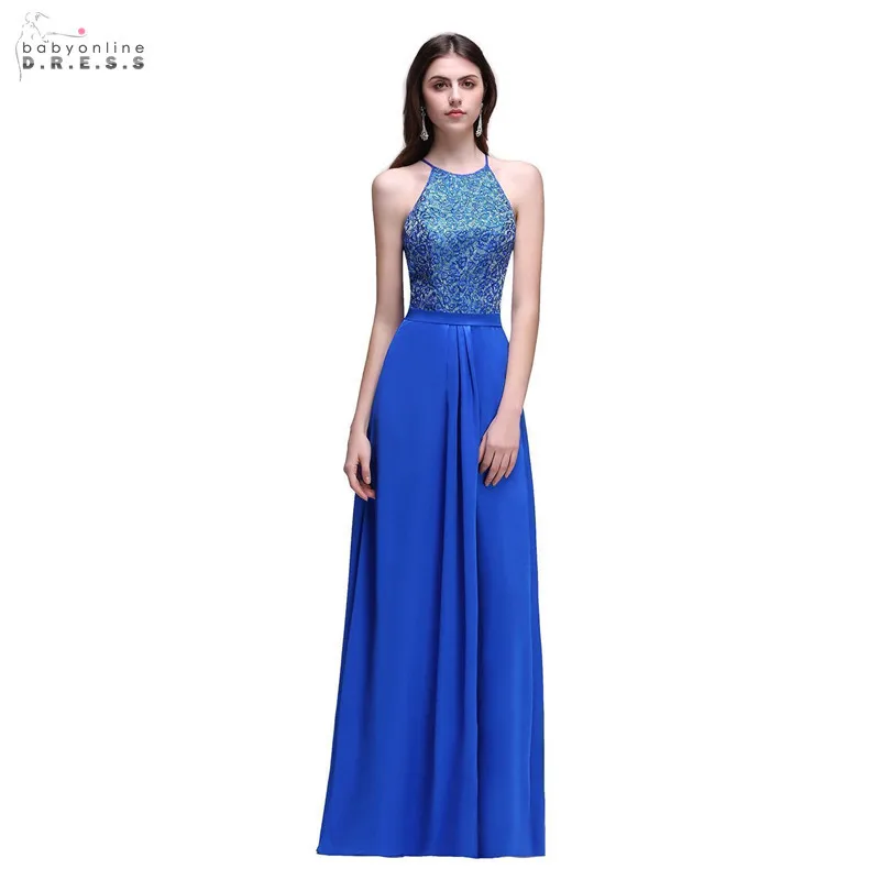 A-line Sequins Royal Blue Long Lace Evening Dress Long Luxury 2021 Halter Neck Vestido De Festa Sexy Backless Evening Gowns