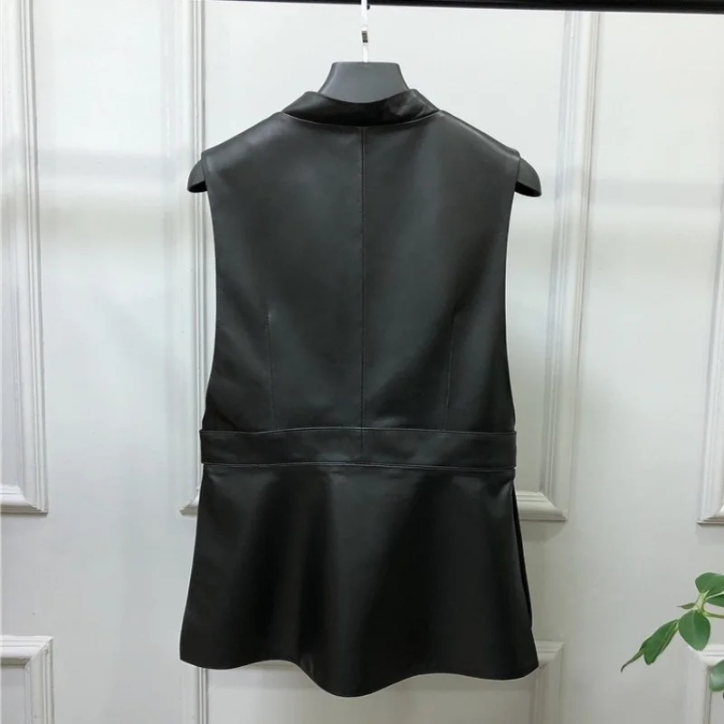 

New 2022 Design V Neck 100% Real Leather Vest Top Women Slim Fit Genuine Leather Sleeveless Jacket Ladies Casual Waistcoat Vests
