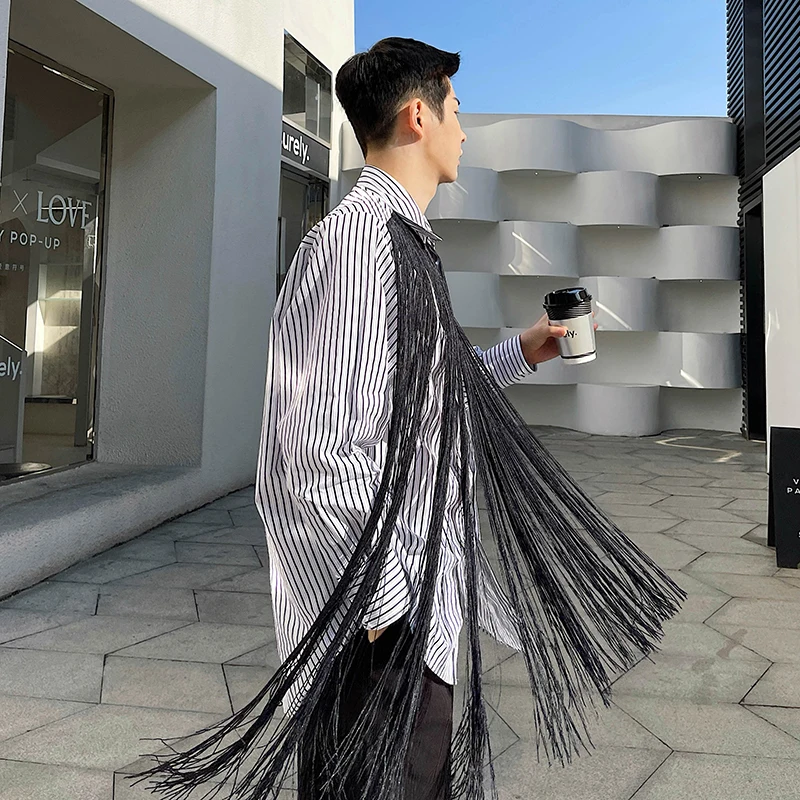 Men's Tassel Fashion Long Sleeve Loose Casual Striped Shirts Tops Man Streetwear Vintage Shirt Stage Clothing for male