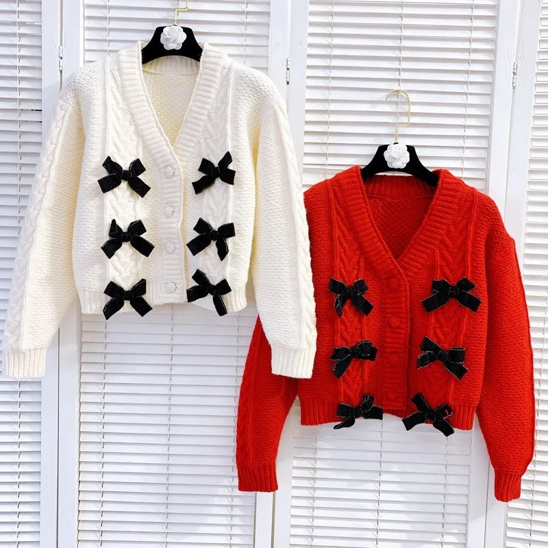 France Korea Style V-Neck Bow Fashion Elegant Sweater Womens New Single Breasted Female Straight Long Sleeve Sweater Coat