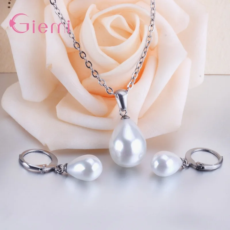 Fast Delivery Women Girls 925 Sterling Silver Jewelry Sets Wedding Engagement Party Waterdrop Pearl Earrings Necklace