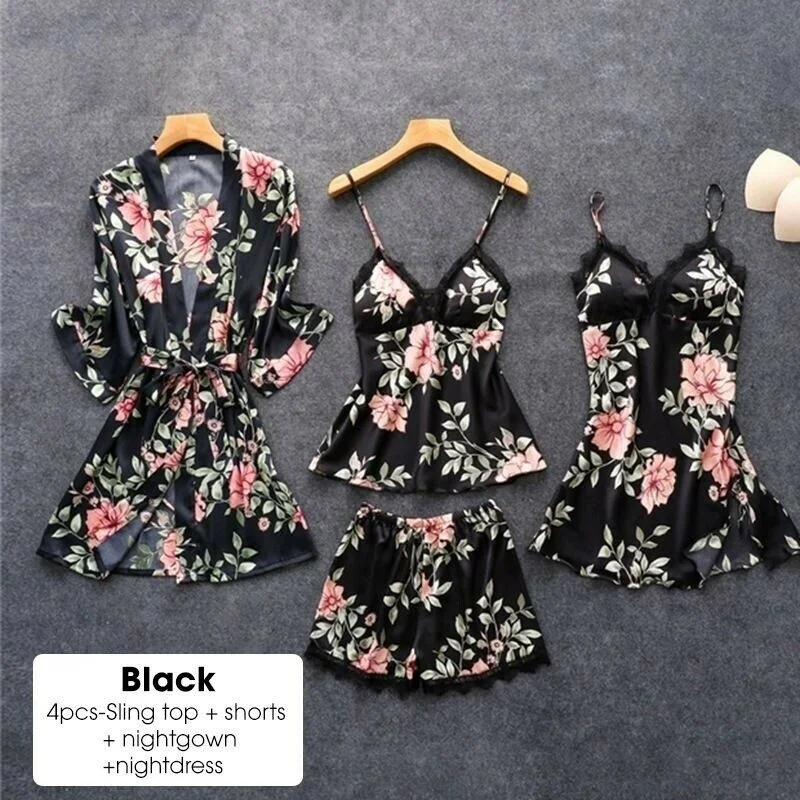 Kupokasi 2/3/4/5Pcs Women Pajama Silk Floral Overall Print PJ Set Satin Pyjamas Sexy Lace Pyjama Nighties Sleepwear Home Clothes
