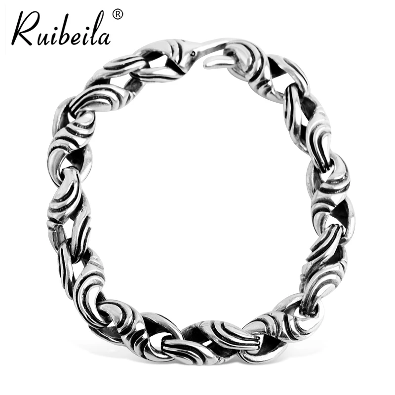 RuibeilaS925 silver retro personality pattern spiral Bracelet man peace pattern ring buckle thick Bracelet gift jewelry