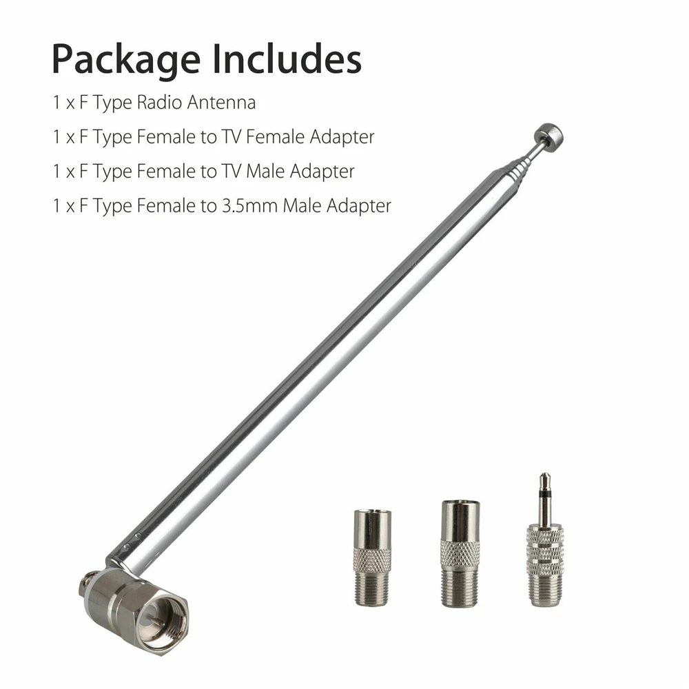 F Type Telescopic Aerial Antenna 75 Ohm with TV / 3.5 Adapter Wave Radio FM