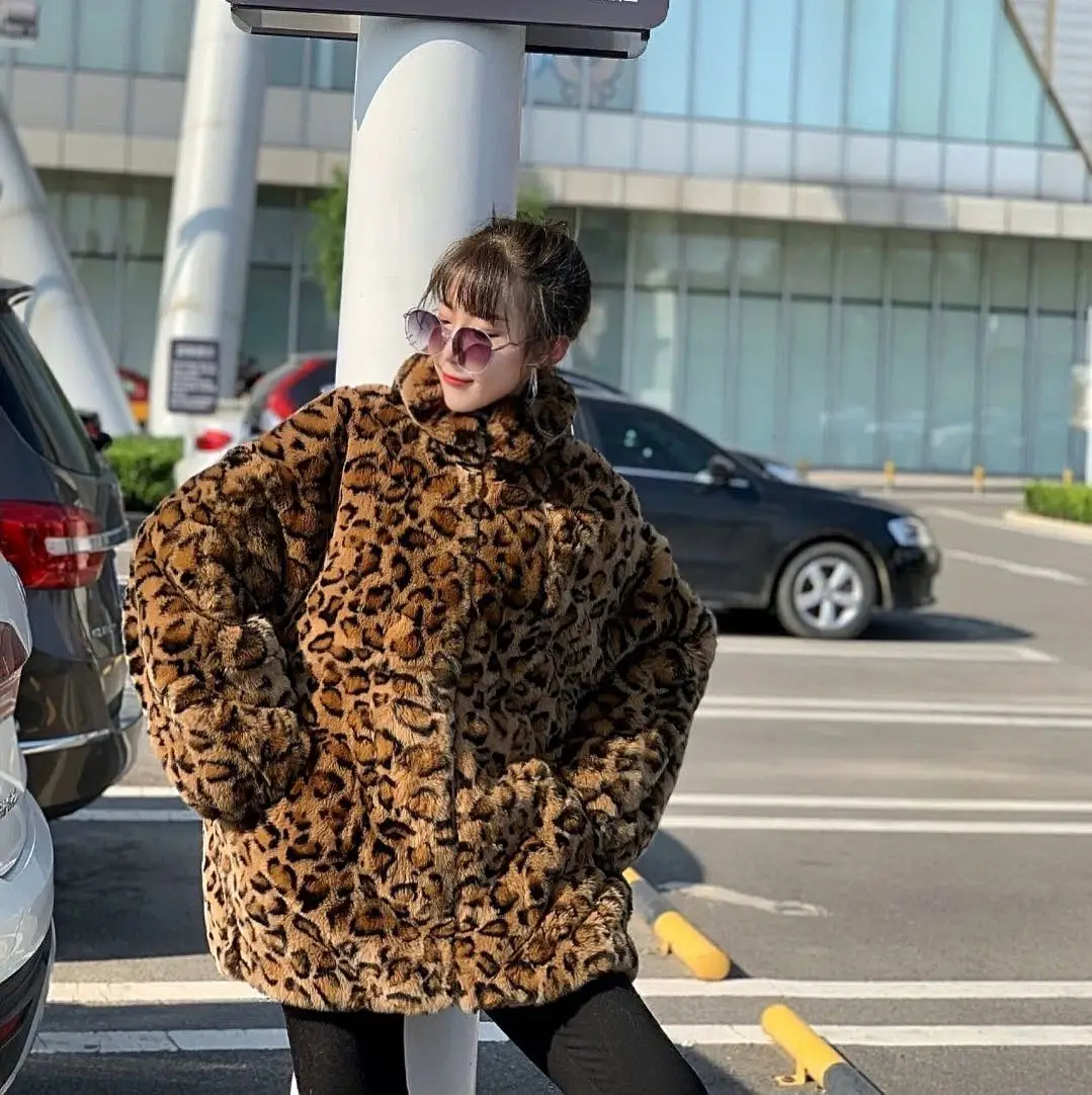 Winter Women Real Rex Rabbit Leopard Fur Coats With stand-up collar Natural  Rex Rabbit Short Fur jacket 2021