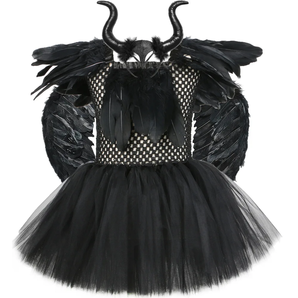 

Solid Black Halloween Costumes Kids Girls Tutu Dress Ankle Length Dresses Devil Costume Cosplay Outfits Horns Wings