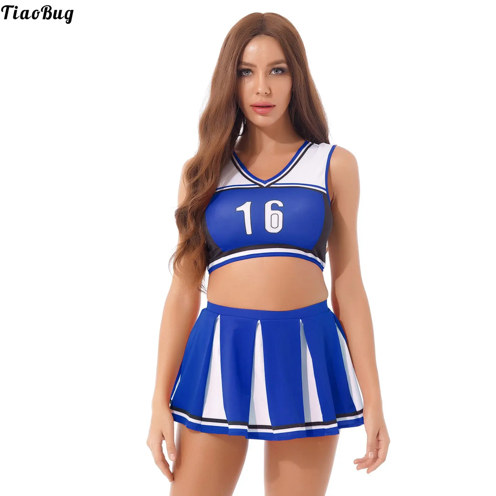 Women Color Block Cheerleading Uniform Suit Role Play Sport Outfit Letter Printing V Neck Sleeveless Crop Top With Pleated Skirt