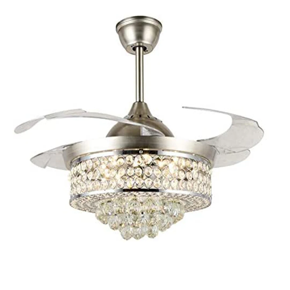 Crystal Ceiling Fans with Lights, Modern Chandelier Lighting Fans Invisible Retractable Blade, 3 Color Change