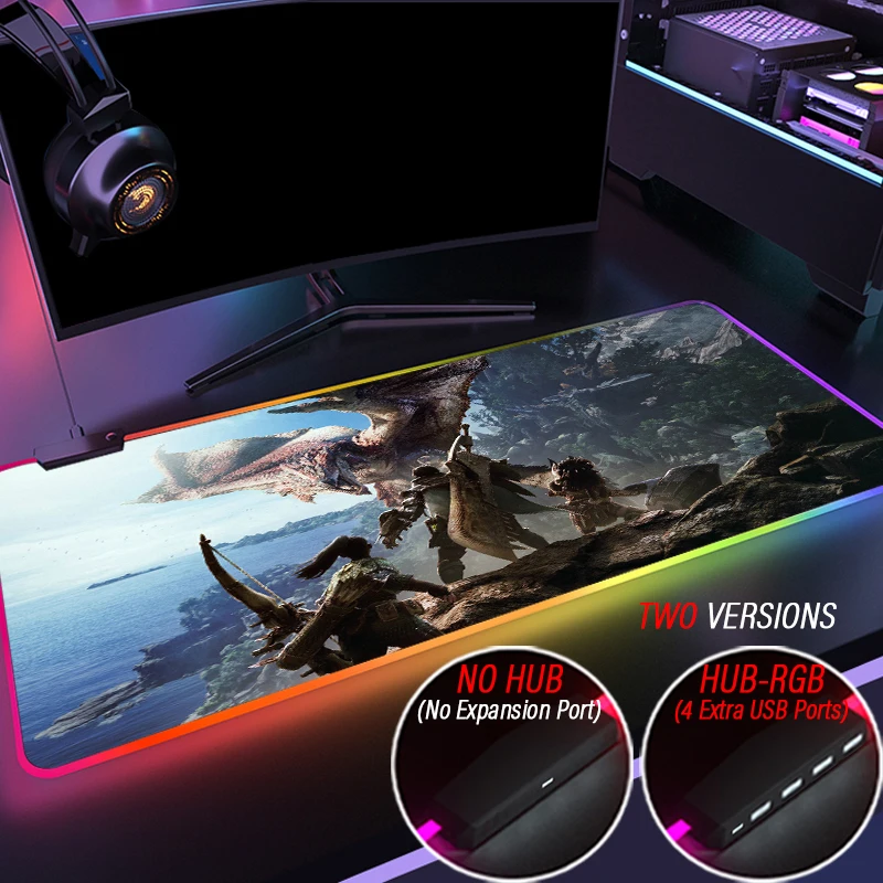 80x30cm RGB MHW Backlit Gaming Mouse Pad Creative Customized Monster Hunter World Desk Mat With HUB 4 Port USB Anime Mousepad