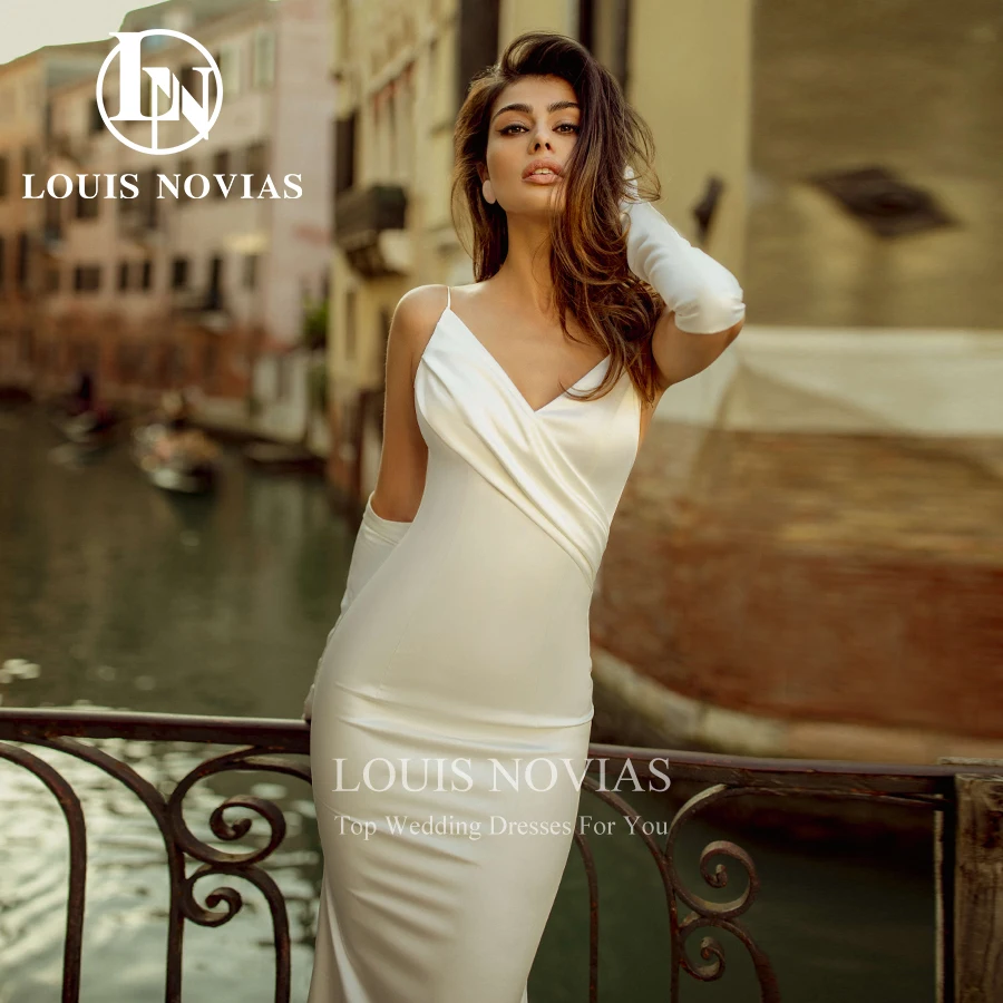 LOUIS NOVIAS Mermaid Wedding Dress Sexy Simple Backless Bridal Gown Spaghetti Straps Satin V-Neck Bride Dresses Vestido De Novia