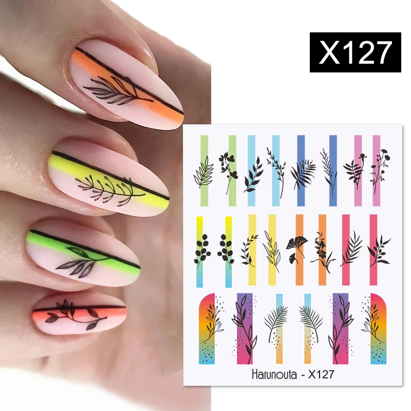 Harunouta French Black White Geometrics Pattern Water Decals Stickers Flower Leaves Slider For Nails Spring Summer Nail Design