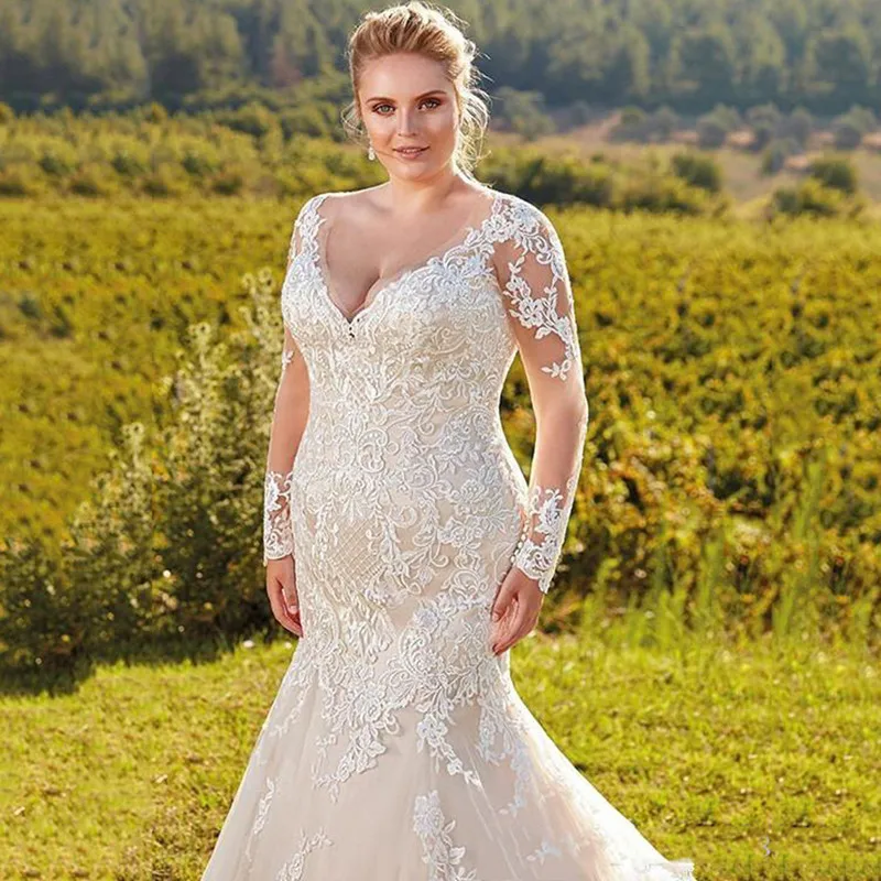 Plus size sereia vestidos de casamento elegante decote em v sheer mangas compridas rendas estilo country vestidos de noiva ilusão voltar robe de mariee