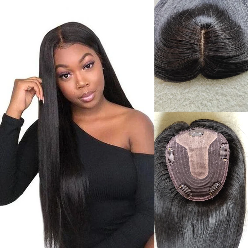 

12 Inch 100% Remy Human Hair Topper Middle Part Machine Silk Base Toupee Clips Hairpiece Toupee Hair Extension