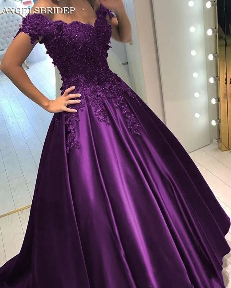 Purple Satin Quinceanera Dresses Ball Gown Beaded Sequins Lace Applique Sweet 16 Dresses vestidos de Formal Party Gowns