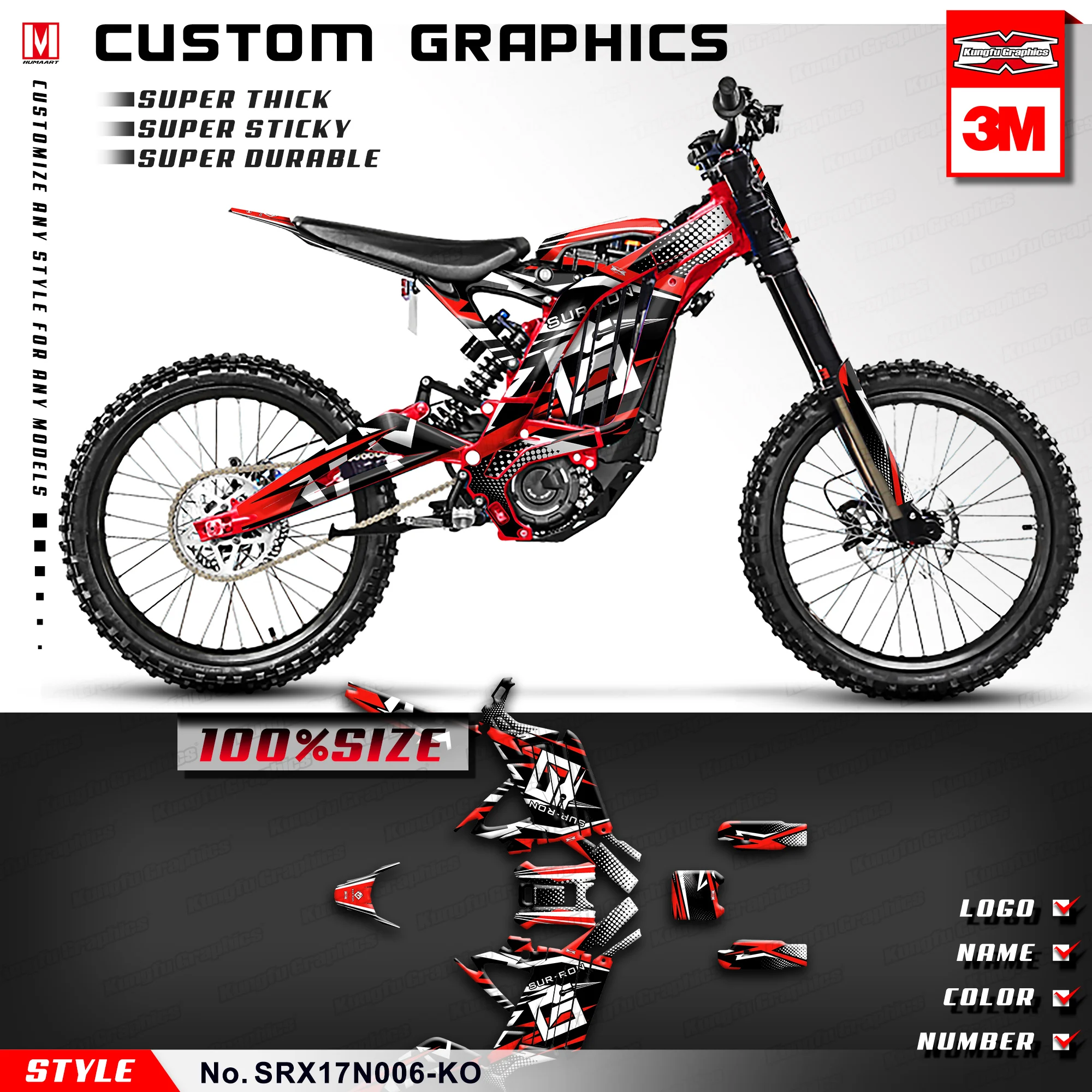 

KUNGFU GRAPHICS Custom Vinyl Stickers Off-road Decal Vinyl Wrap for Sur-Ron Light Bee X Electric Bike (Style no. SRX17N006-KO)