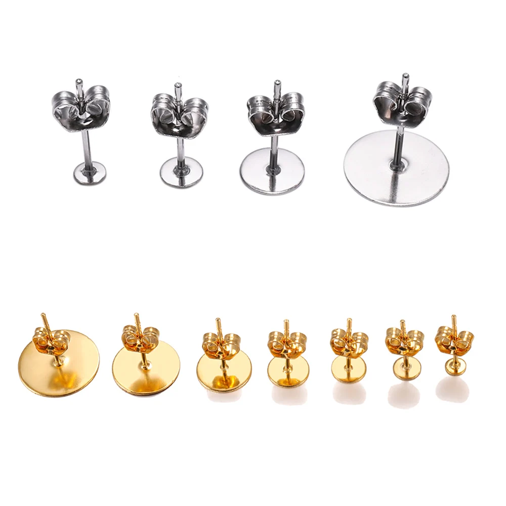 20-100pcs Gold Stainless Steel Blank Post Earring Stud Base Pins With Earring Plug Supplies For DIY Jewelry Making Accessories