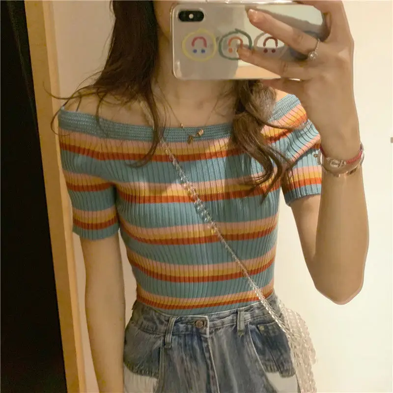 Woman TShirts Vintage Stripe Short-Sleeved Knitted T-shirt Women\'s off-Shoulder Slim Top Crop Top Mujer Camisetas