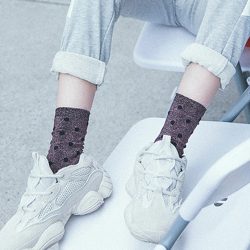 Harajuku Glitter Cotton Socks Women Sweet Polka Dot Socks Female Filigree Woman Socks Fashion Streetwear Shining Loose Socks