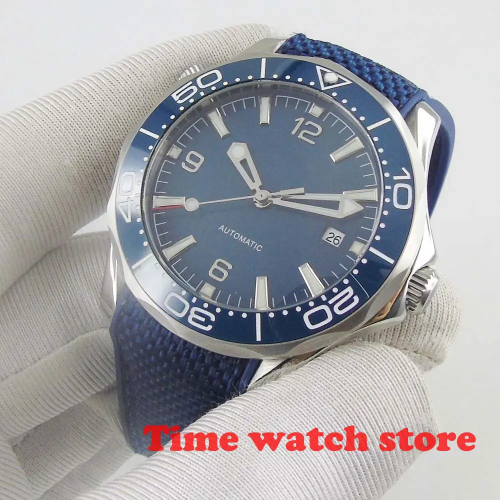 

Miyota8215 Sapphire Men's Automatic Watch Date Window Blue Dial Green Lume Rubber Strap Ceramic Rotating Bezel Bliger 41mm