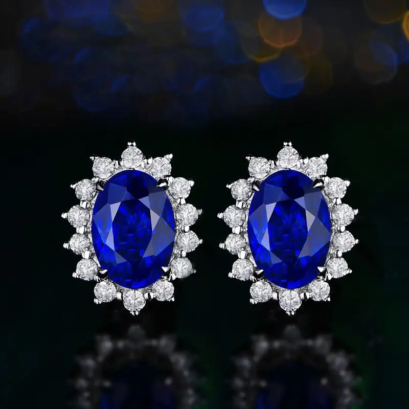 

925 Silver Jewelry Earrings with Blue Oval Shaped Sapphire Gemstone Stud Earrings for Women Wedding Wholesale