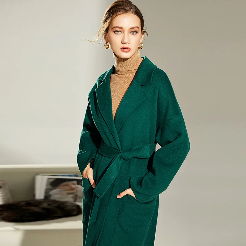 

Winter Long Wool Coat Women Autumn 2021 New Green Loose Lace Up Ladies Cashmere Coat Women Elegant Fashion Coat