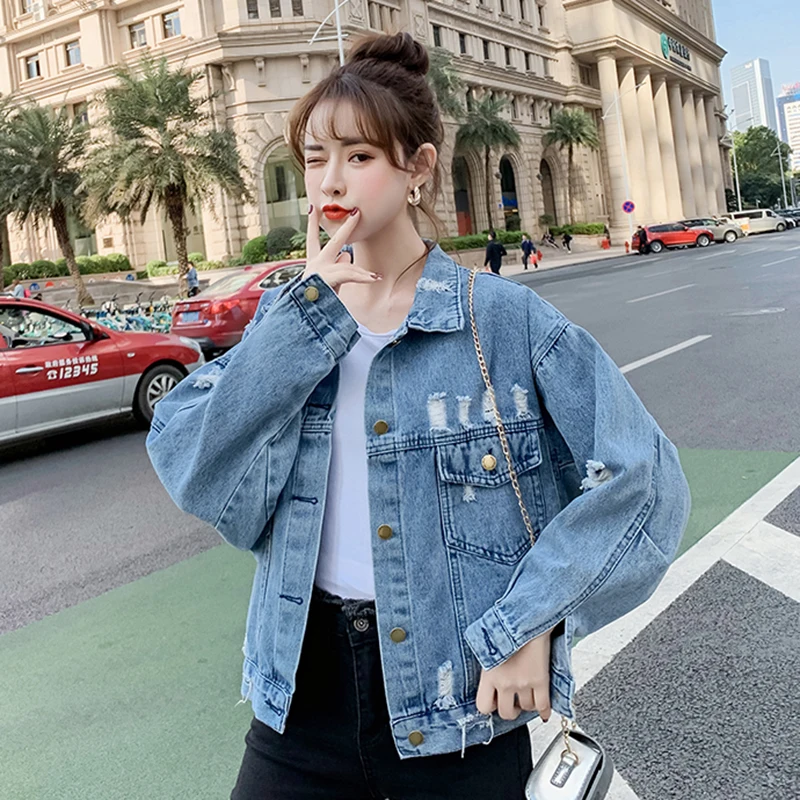 2022 New Denim Jacket Flower Embroidery Hole Design Jean Coat Causal Long Sleeve Women Outwear Short Fashion Top Clothes W1893