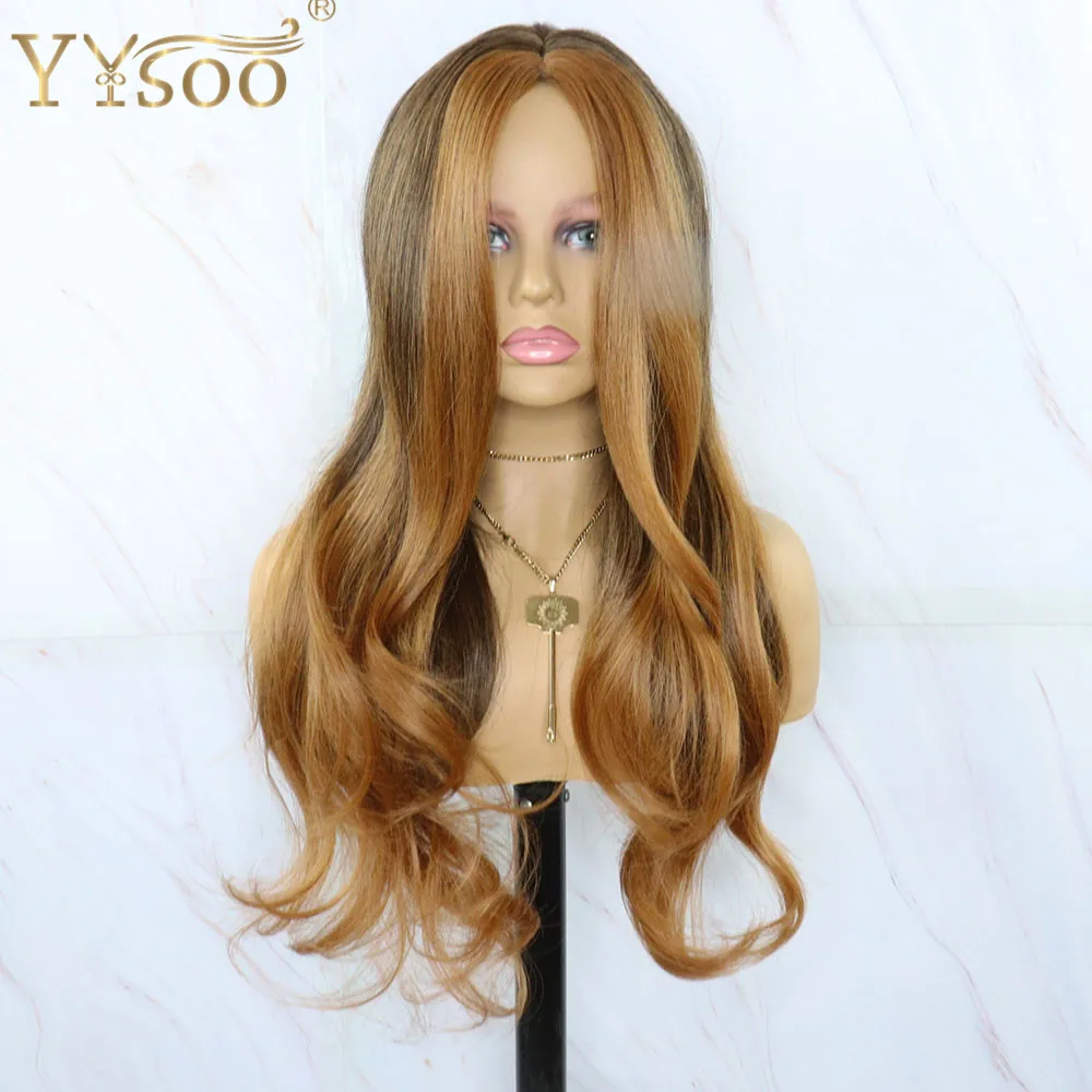 YYsoo #1BT#27 Long Futura Synthetic Hair No Lace Wigs For Women Natural Hairline Body Wave Ombre Full Machine Made Blonde Wig