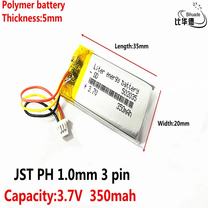 JST PH 1.0mm 3 pin 3.7V,350mAH,502035 polimerowy akumulator litowo-jonowy/litowo-jonowy do TOY,POWER BANK,GPS,mp3,mp4