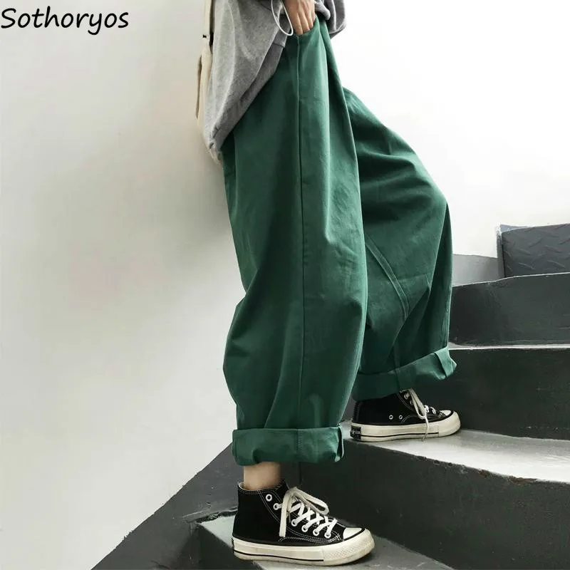 

Women Pants Solid Harajuku Wide Leg Trousers Womens Leisure New Retro Ankle-length All-match Korean Style Ulzzang Daily Fashion