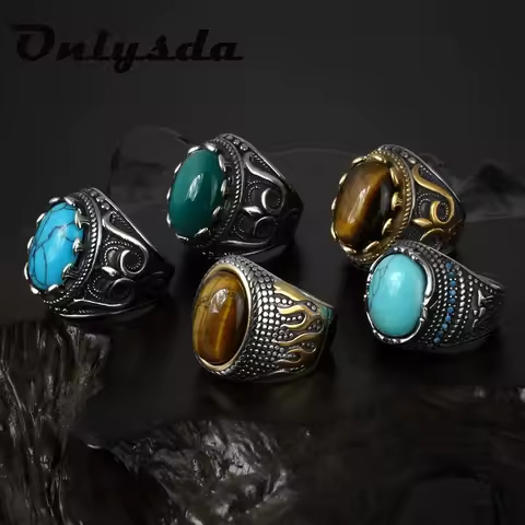 Onlysda Fashion Flower Band Oval Natural Man Ring With Stone For Women Vintage Look Antique Silver Color Men Jewelry Party Gifts