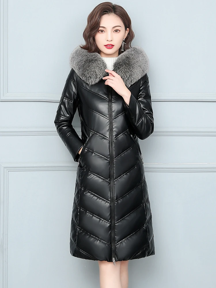 Winter Down Jacket Women Leather Natural Fox Fur Hodded Coats Female Midi Length Slim Thick Warm Coat Outerwear M-7XL