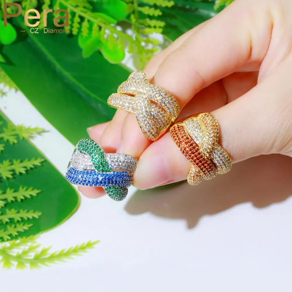 Pera Designer Blue Green CZ Crystal Gold Color Chic Engagement Cross Resizable Finger Rings for Women Wedding Party Jewelry R156