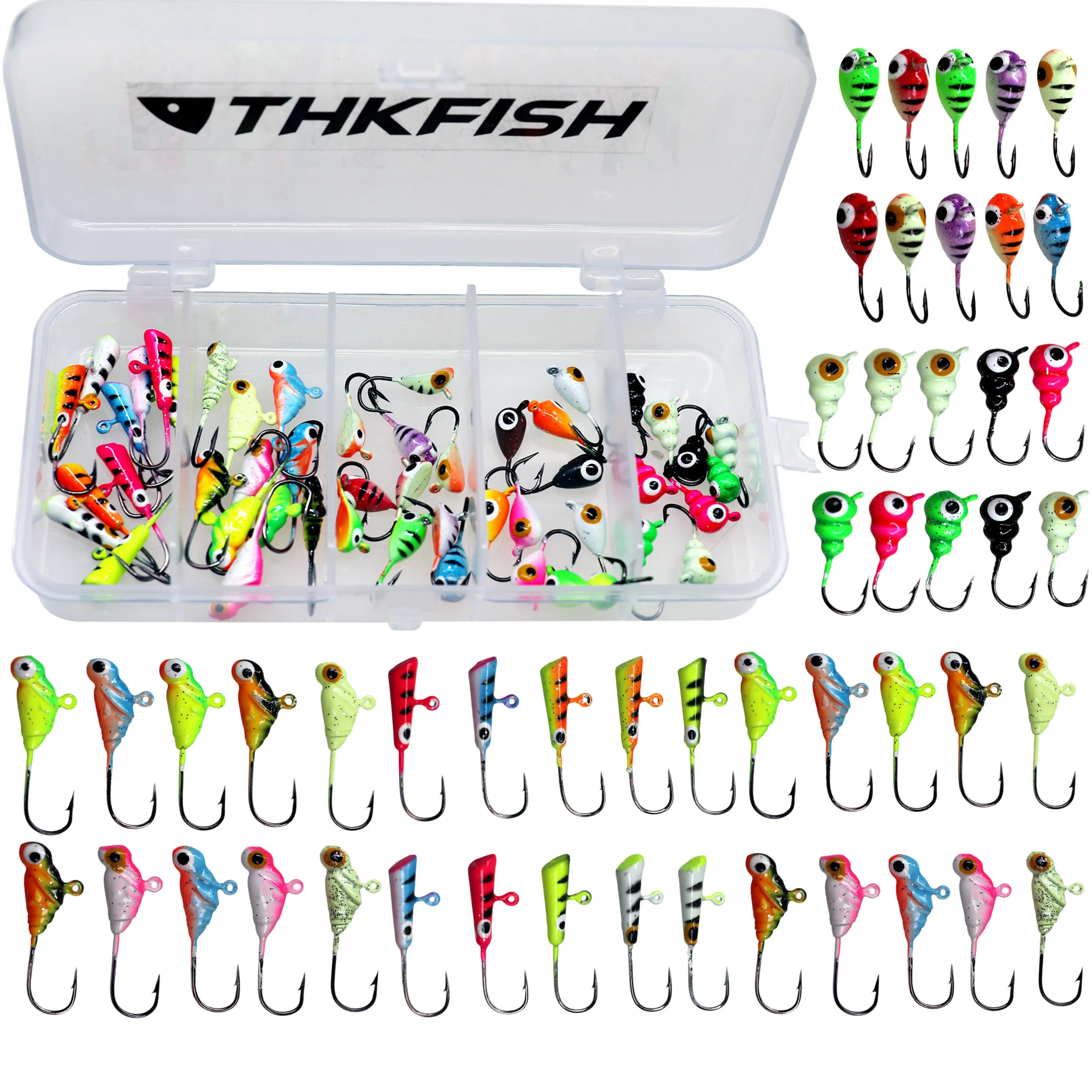 THKFISH 50pcs Winter Ice Fishing Jigs Hooks 1.3g-1.8g Jig Bait Hard Lure Balancer Fish Baits Set For Winter Fishing Hook