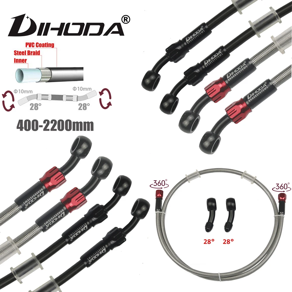 Universal 400mm - 2200mm Motorcycle Hydraulic Brake Hose Line Cable 28 degrees 10mm Banjo Pipe Line Braided oil hose