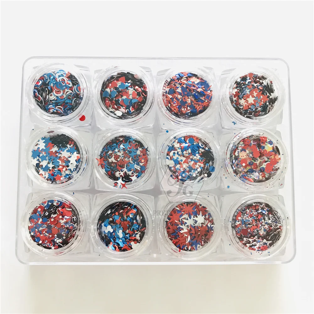 

PrettyG 1 Set 12 Colors American USA Flag Series Shape Mix Glitter Nail Art Decoration Tumbler DIY Crafts Festival Accessories