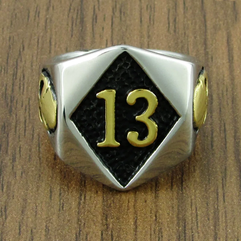 Free Shipping  Classic 316L Stainless Steel Gold Plated Big Skull Head Number 13 Solid Ring Jewelry