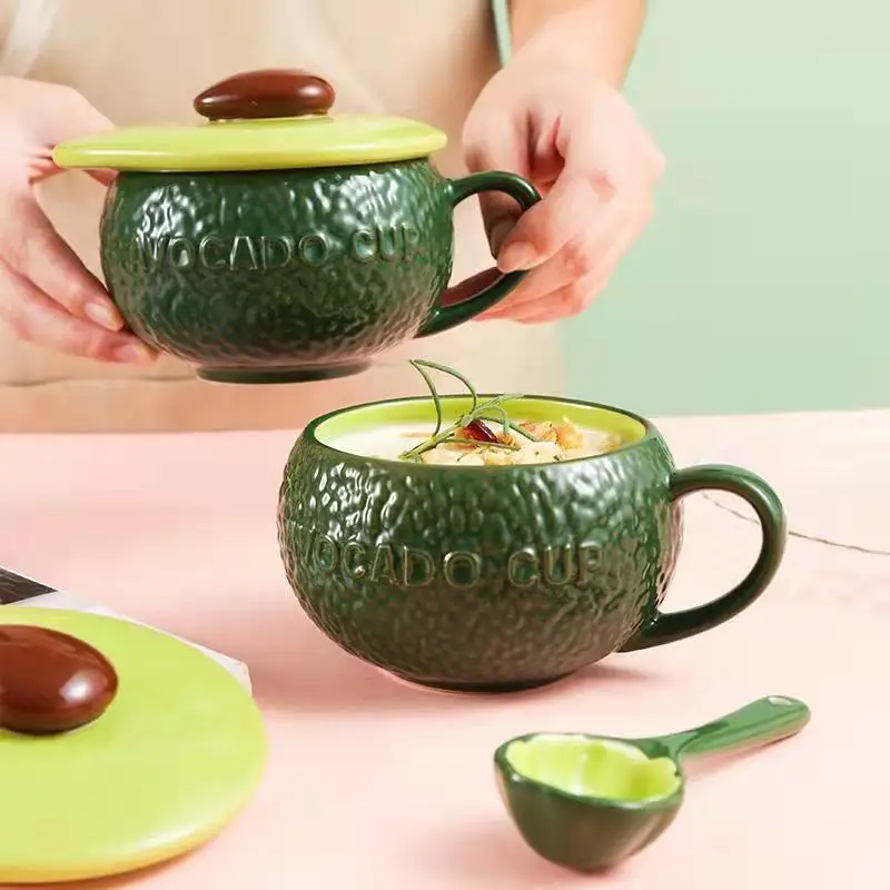 Avocado Covered Milk Tea Breakfast Ceramic Mug Cute Water Cup Couple Bottle Student Gift Cup Coffee Cup with Lid Spoon