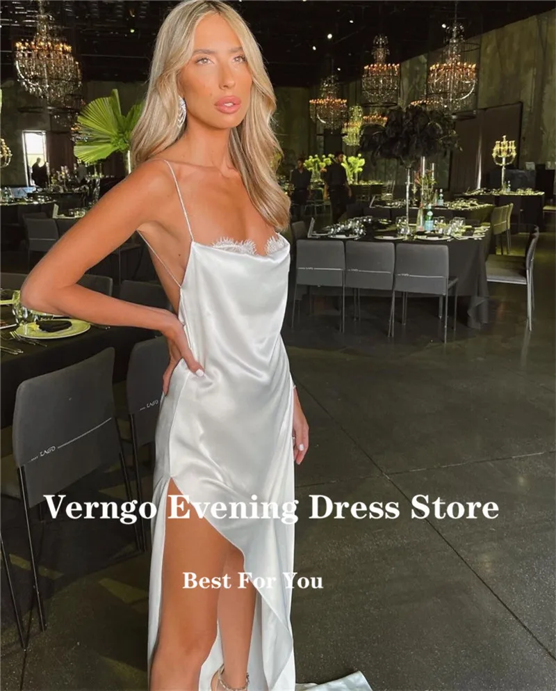 Verngo sexy branco cintas de espaguete longo vestido de festa à noite renda pescoço seda cetim lado split aberto volta vestido de baile praia personalizado