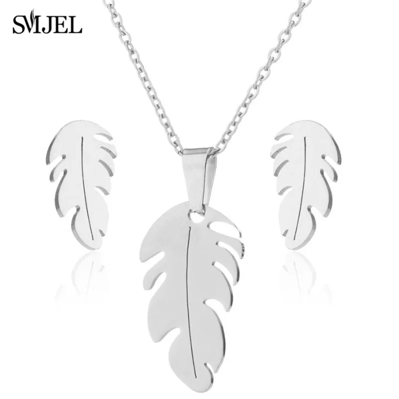 Stainless Steel Feather Necklaces Classic Fashion Bohemian Plant Leaves Earrings Necklaces For Women  Jewelry Set Wedding Gifts