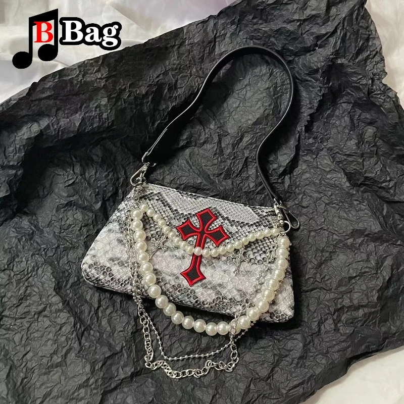 Womens Girl shoulder bag Punk Serpentine pattern cross Handbag Y2K female Harajuku Retro underarm Bag messenger bag Satchel