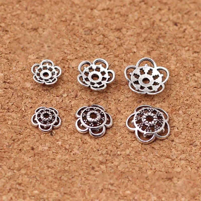 100pcs Tibetan Silver Flower Bead Caps Holder 8mm 10mm 12mm Vintage Handmade Beads End Cap Receptacle DIY Jewelry Findings