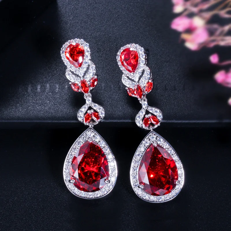 BeaQueen European American Luxury Purple Crystal Earrings Pear Cut Long Drop Women Wedding Earrings with Cubic Zirconia E024