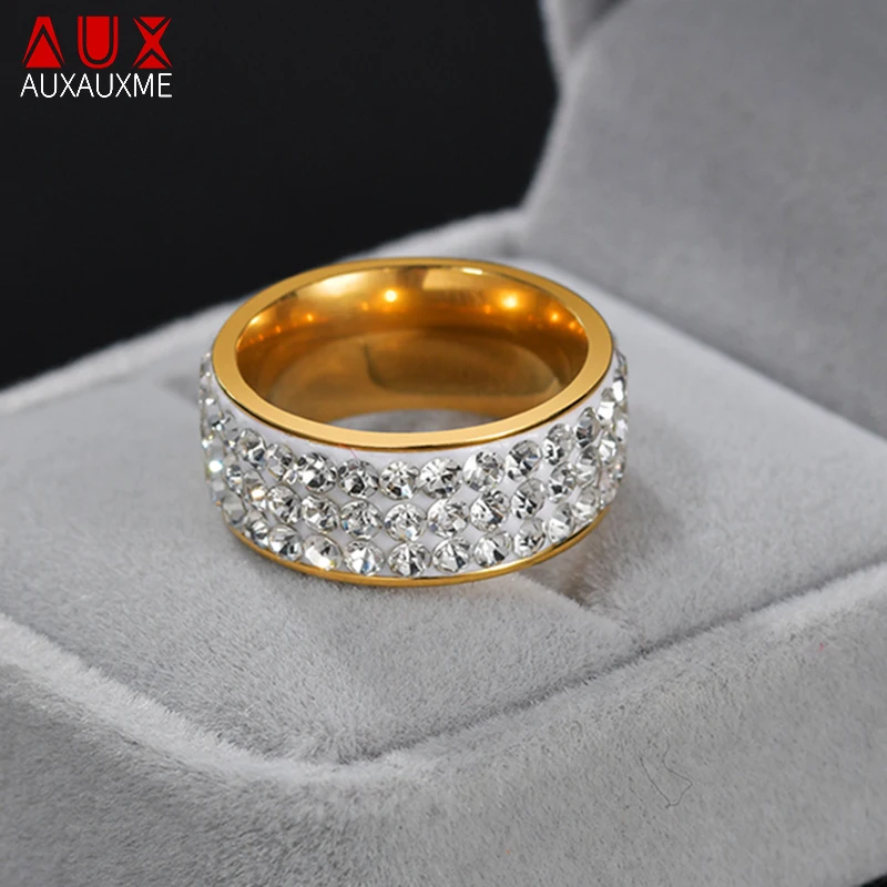 Auxauxme 8mm 3 Rows White Stone Wedding Ring For Women Stainless Steel Pave Setting Stones Rings Engagement Girl Jewelry