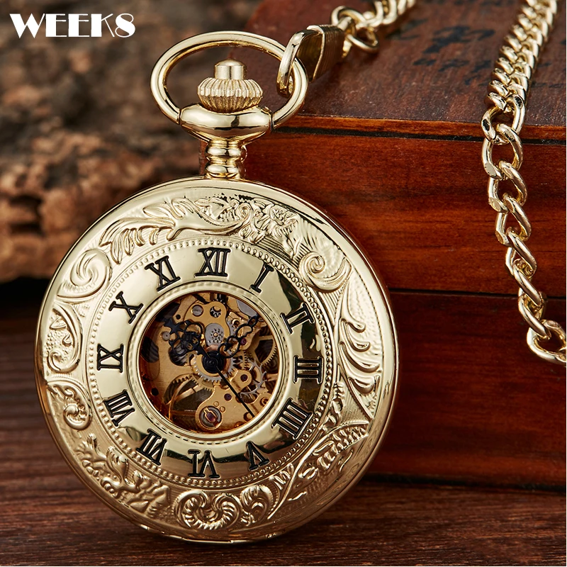 

7 Style Roman Numeral Mechanical Pocket Watch Antique Vintage Gold Steampunk Skeleton Engraved Fob Chain Clock for Men Women