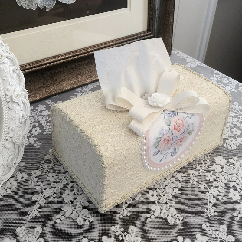 

Vintage Embroidery Cloth Tissue Boxes Nordic Modern Handwork Lace Napkin Holder Pastoral Pearl Embellishment Paper Towel Box