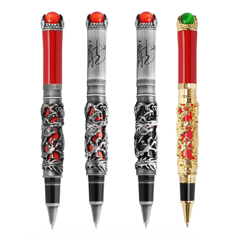 

New Jinhao Dragon King Ancient Roller Ball Pen Unique Metal Embossing Hi-tech, Gray & Red Color For Office & Home Business