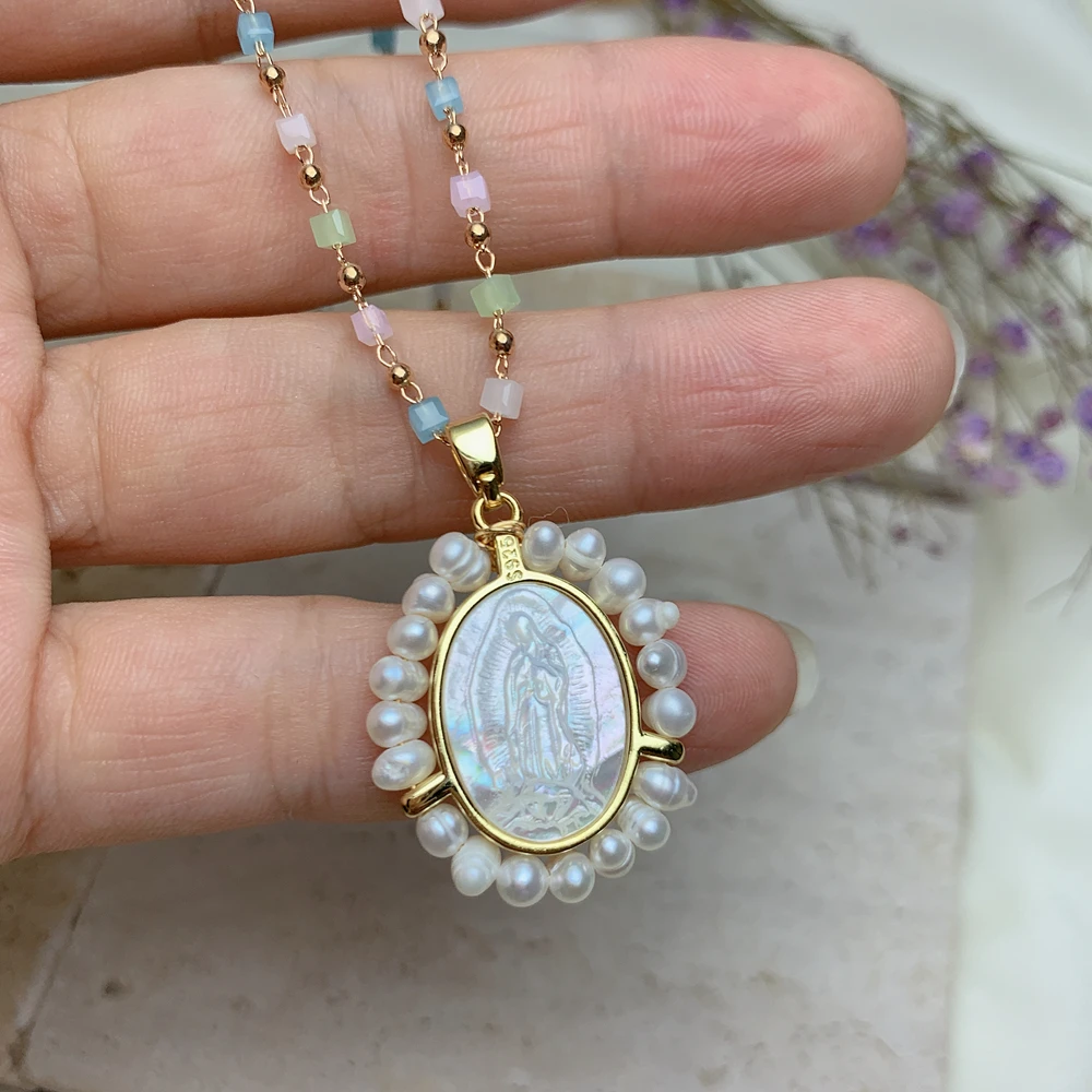 Religiou Lady of Guadalupe Necklace For Women Natural Freshwater Pearl Stone MOP Shell Oval Medal Virgin Pendant Jewelry