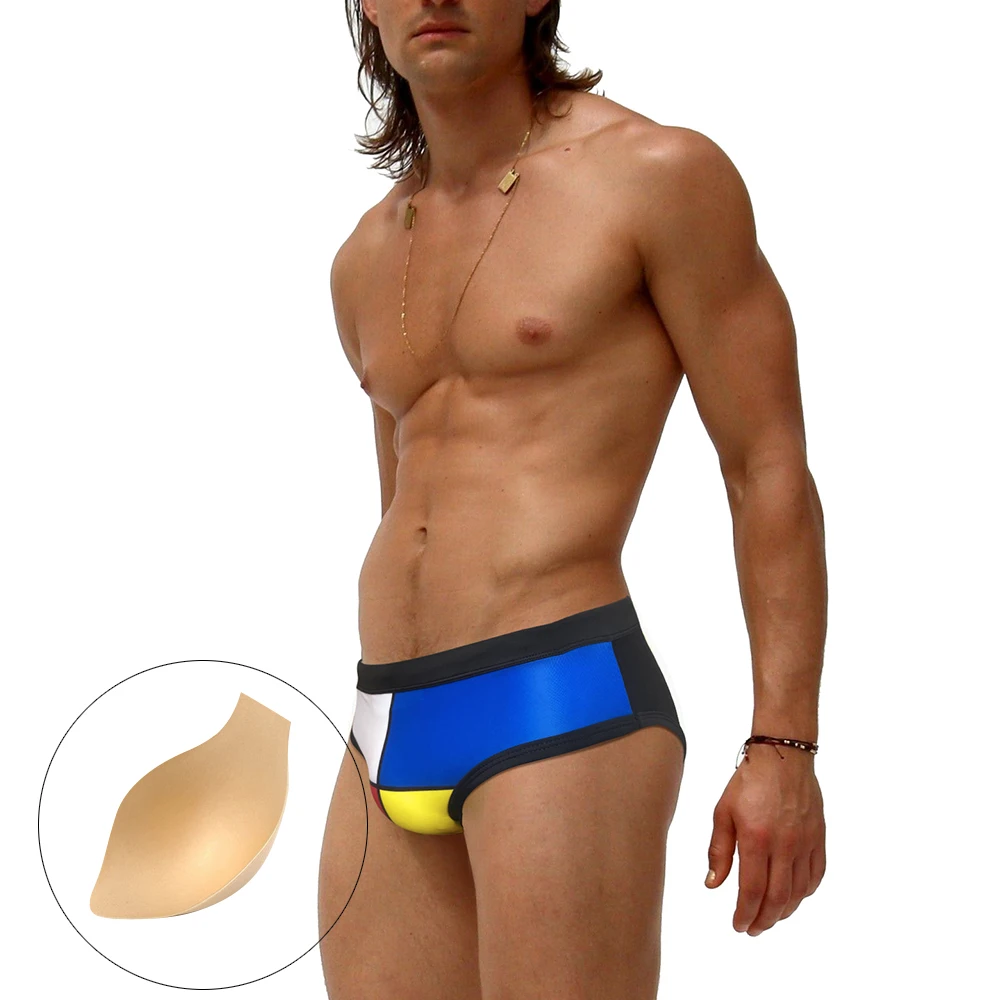 

Summer Mens Swim Briefs Patchwork Bathing Suit Sexy Low Waist Quick Dry Swimwear Fashion Male Sport Beach Pad Push Up Underwear