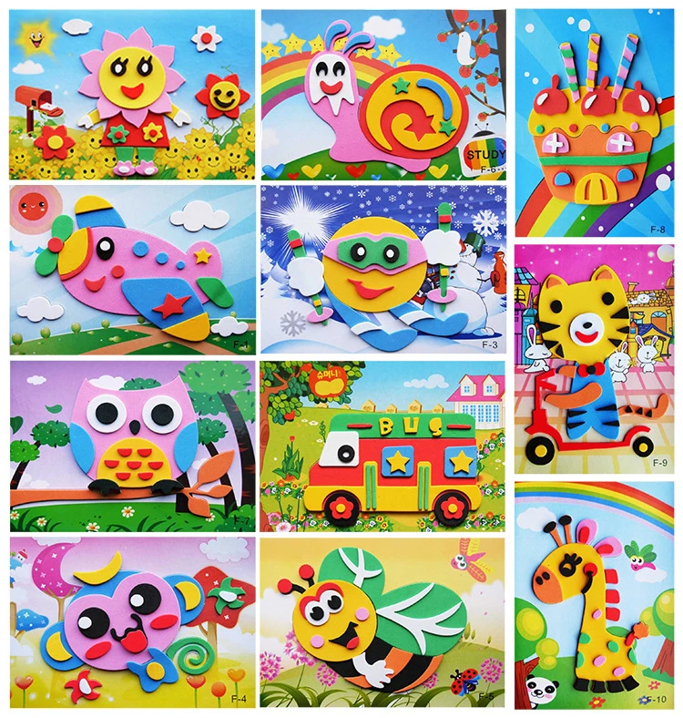 10 Pcs/Set Children\'s DIY 3D Cartoon EVA Foam Sticker Puzzle for Boys Girls Handmade Material Kit Brain Game Toys