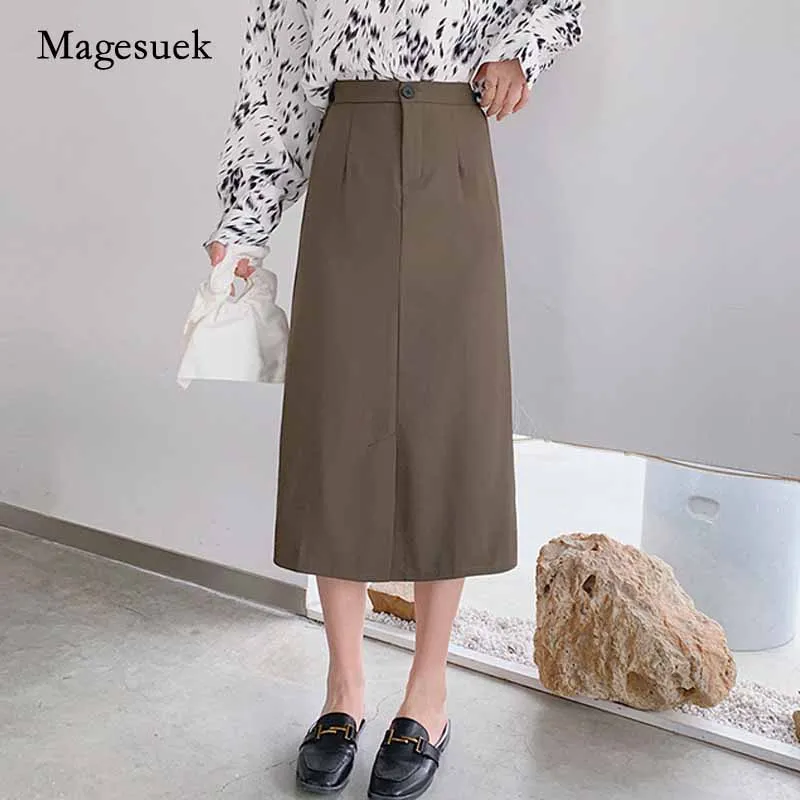 2020 Autumn Vintage Skirt Women Korean Style Loose Slim High Waist Skirt Split Stitching Solid Button Woman Skirts Faldas 11284